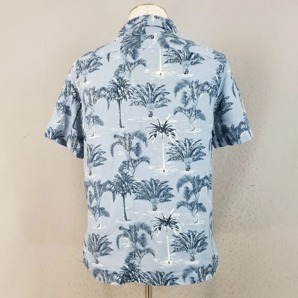 C&C California Button Down Mens M Blue Palm Tree Print 100% Linen Tropical Shirt